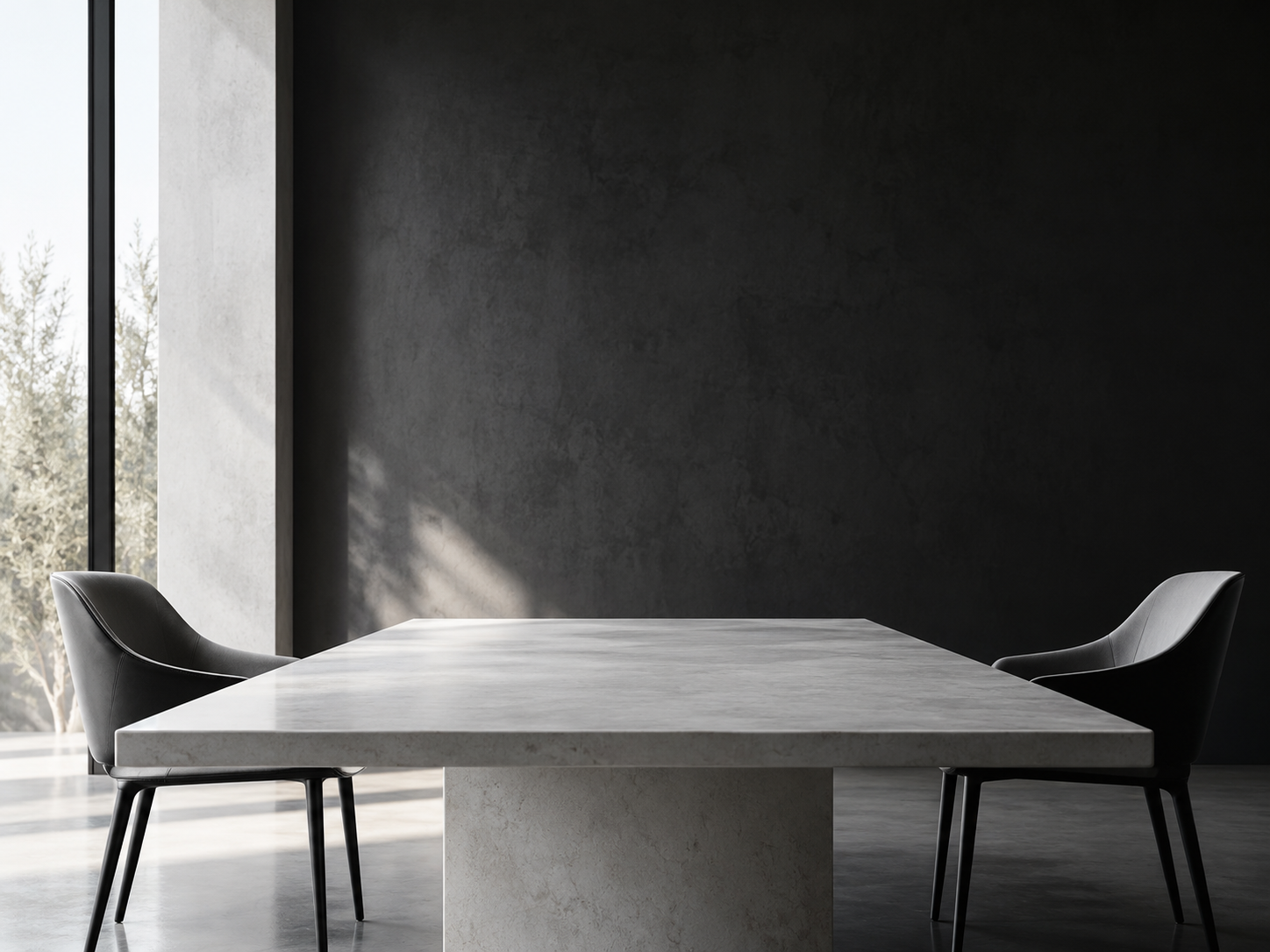 A meeting table with two chairs.